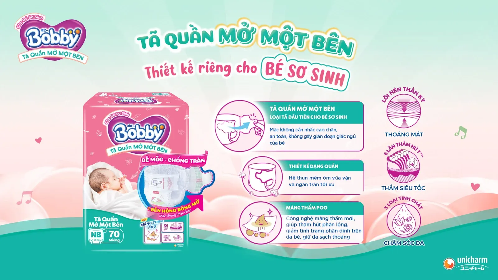 Hình quảng cáo tã quần Bobby mở một bên nền hồng, bịch size NB 70 miếng và các biểu tượng tính năng