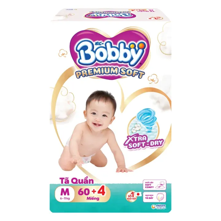 Bịch tã quần Bobby Premium Soft size M 60+4 miếng bao bì trắng viền vàng, in hình em bé đang bò