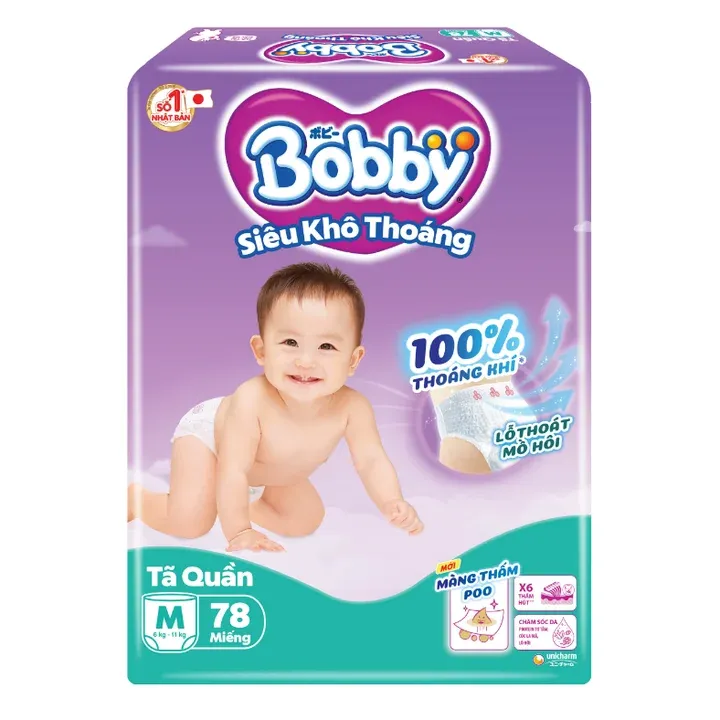 Bịch tã quần Bobby Siêu khô thoáng size M 78 miếng bao bì tím, in hình em bé đang bò