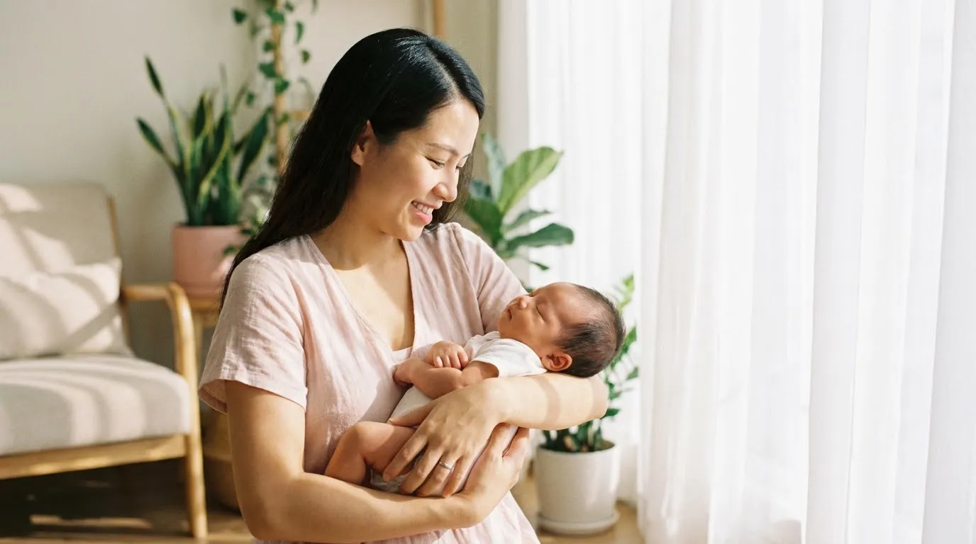 Người mẹ mỉm cười bế con sơ sinh bên cửa sổ đầy nắng