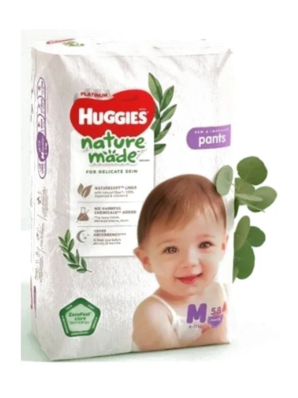 Bịch tã quần Huggies Platinum Nature Made size M 58 miếng bao bì trắng in hình em bé và lá xanh