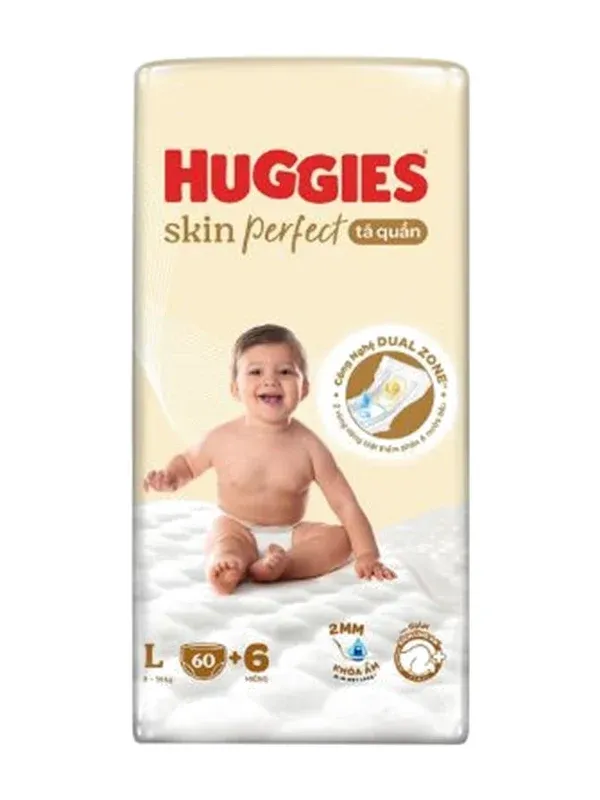 Bịch tã quần Huggies Skin Perfect size L bao bì màu kem in hình em bé ngồi, huy hiệu công nghệ Dual Zone