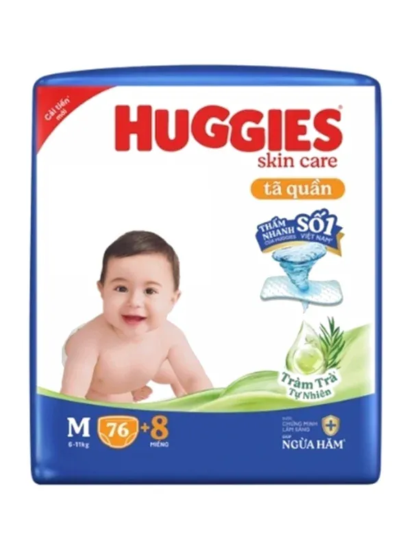 Bịch tã quần Huggies Skin Care Tràm Trà Tự Nhiên size M bao bì xanh dương in hình em bé bò